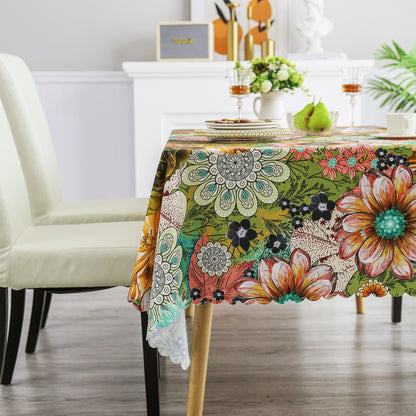 Original Design Hand Drawing Art Print Scalloped Edge Tablecloth, Washable Water Resistant Microfiber Decorative Table Cover