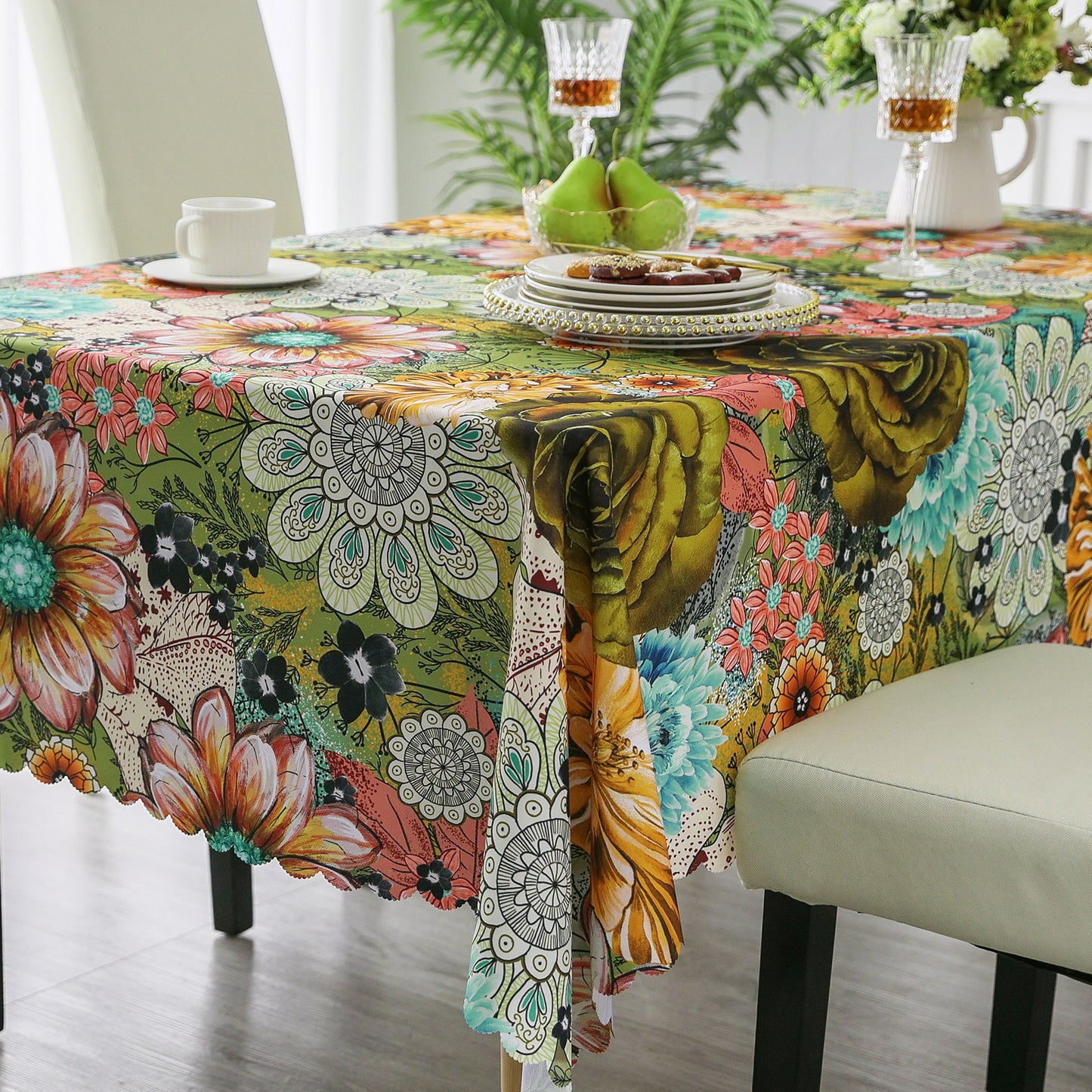 Original Design Hand Drawing Art Print Scalloped Edge Tablecloth, Washable Water Resistant Microfiber Decorative Table Cover