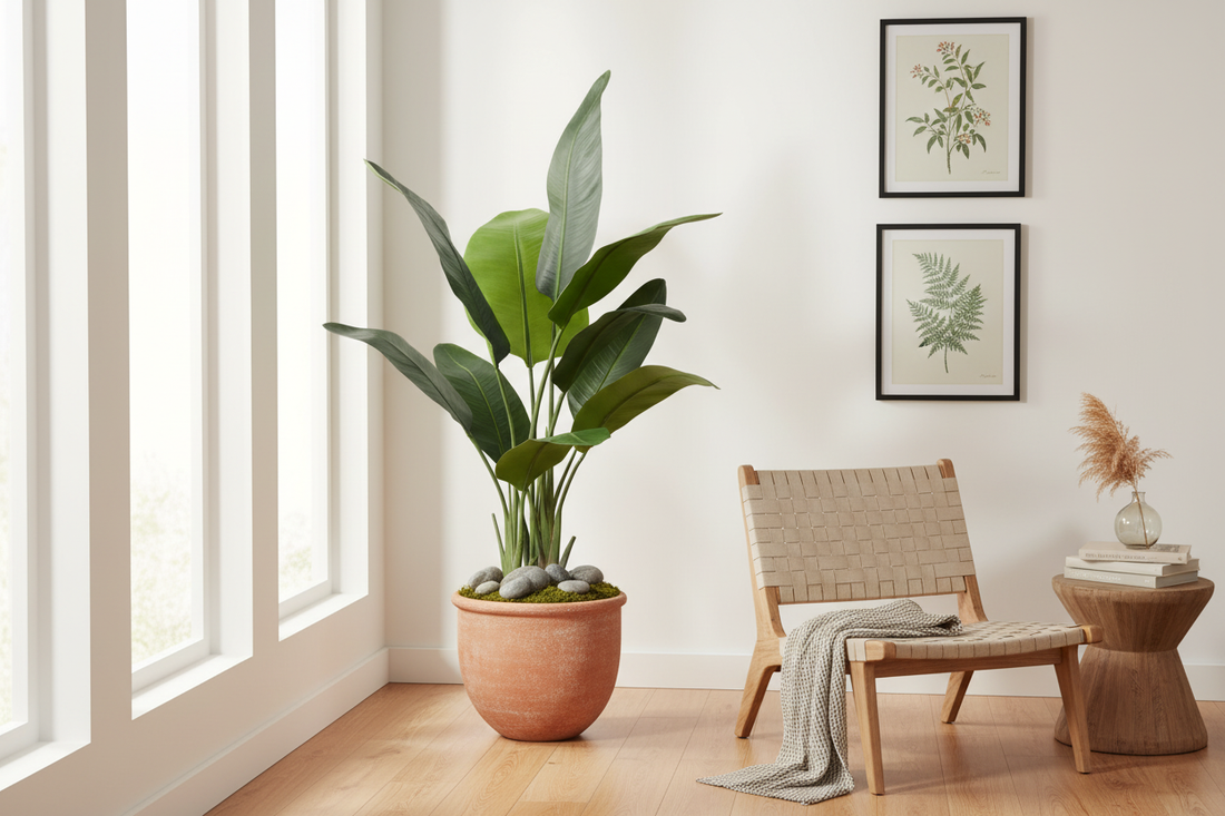 Realistic artificial Bird of Paradise plant in ceramic planter with moss, styled to look completely real in bright living room
