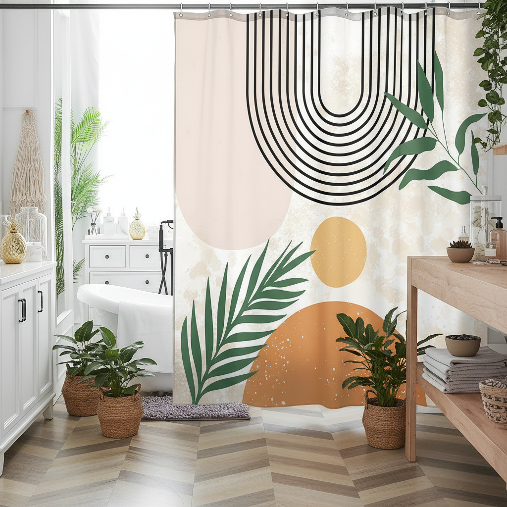 Bohemian bathroom with waterproof floral shower curtain and seasonal decor