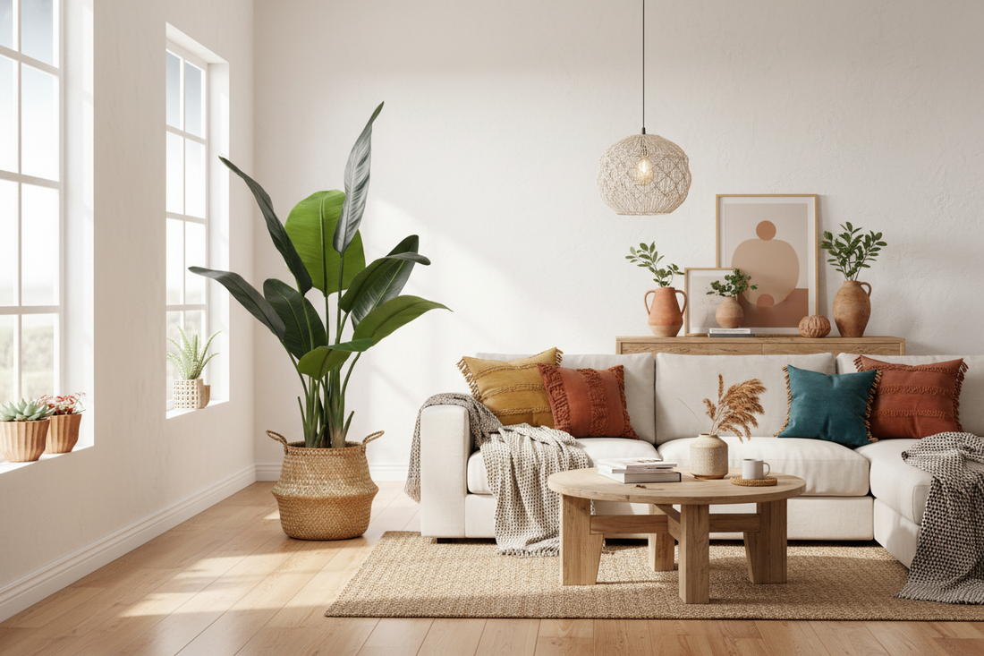 Realistic artificial Bird of Paradise plant in bohemian living room decor