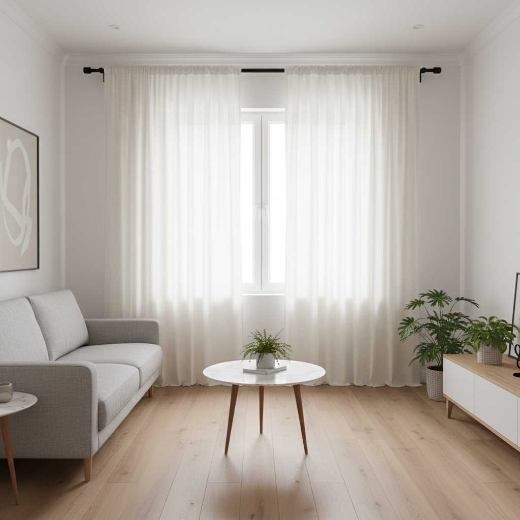 Light sheer curtains hung high near ceiling and wide beyond window frame to make small living room look bigger