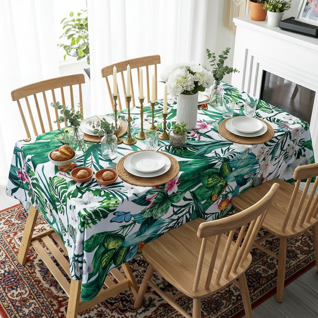 Beautifully styled dining table with hand-drawn art print tablecloth and bohemian decor