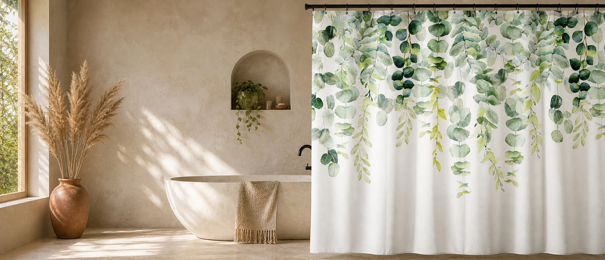 Boho eucalyptus shower curtain hanging in a warm bathroom