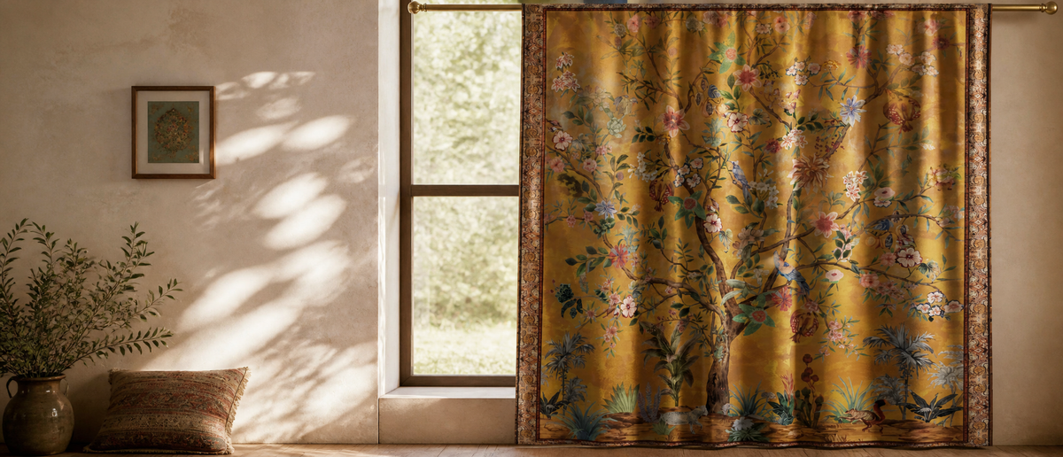 Gold tree of life thermal door curtain beside a sunlit window