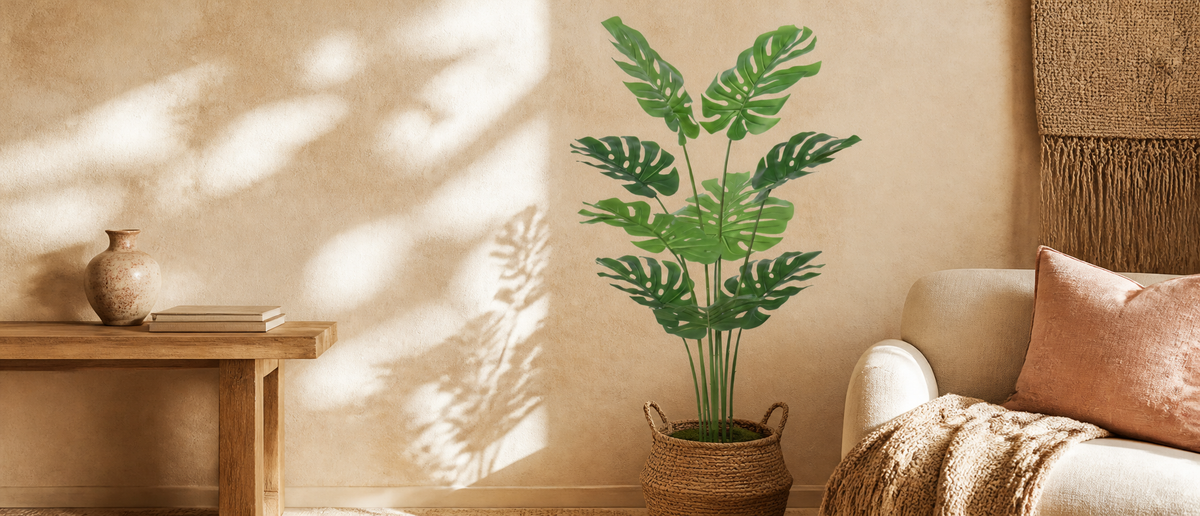 Realistic artificial monstera plant in a woven basket in a warm living corner