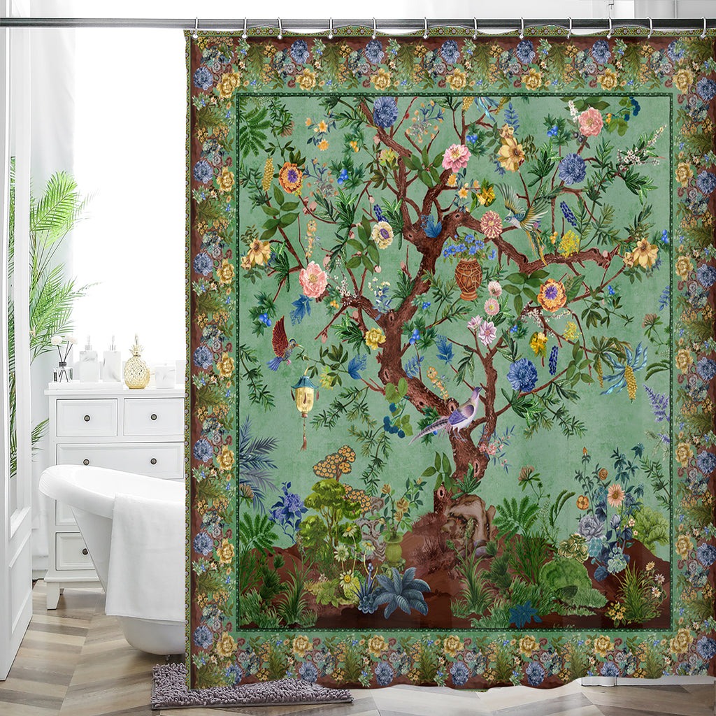 Sage green chinoiserie tree shower curtain with birds and a hanging lantern