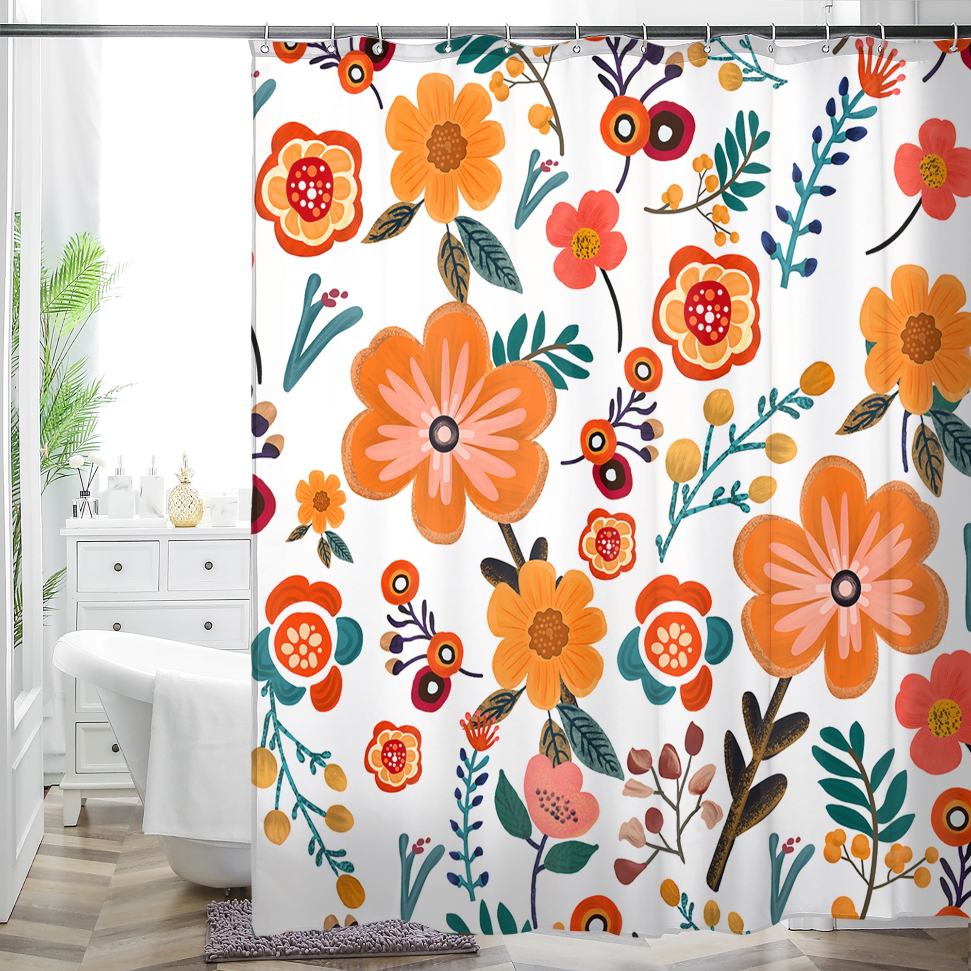 Orange and White Geometric Shower Curtain - Modern Farmhouse Waterproof - Machine Washable - 72"x72"