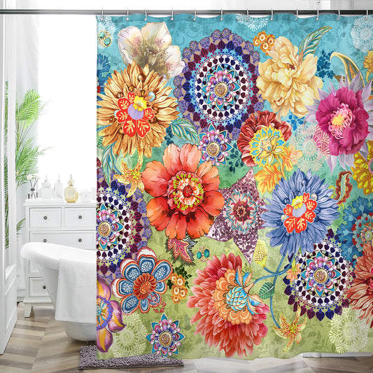 Bohemian Bathroom Curtain Colorful Boho Floral Print Beautiful Bright Polyester Fabric Cloth Shower Curtain for Bathroom Decoration, 72"x72"