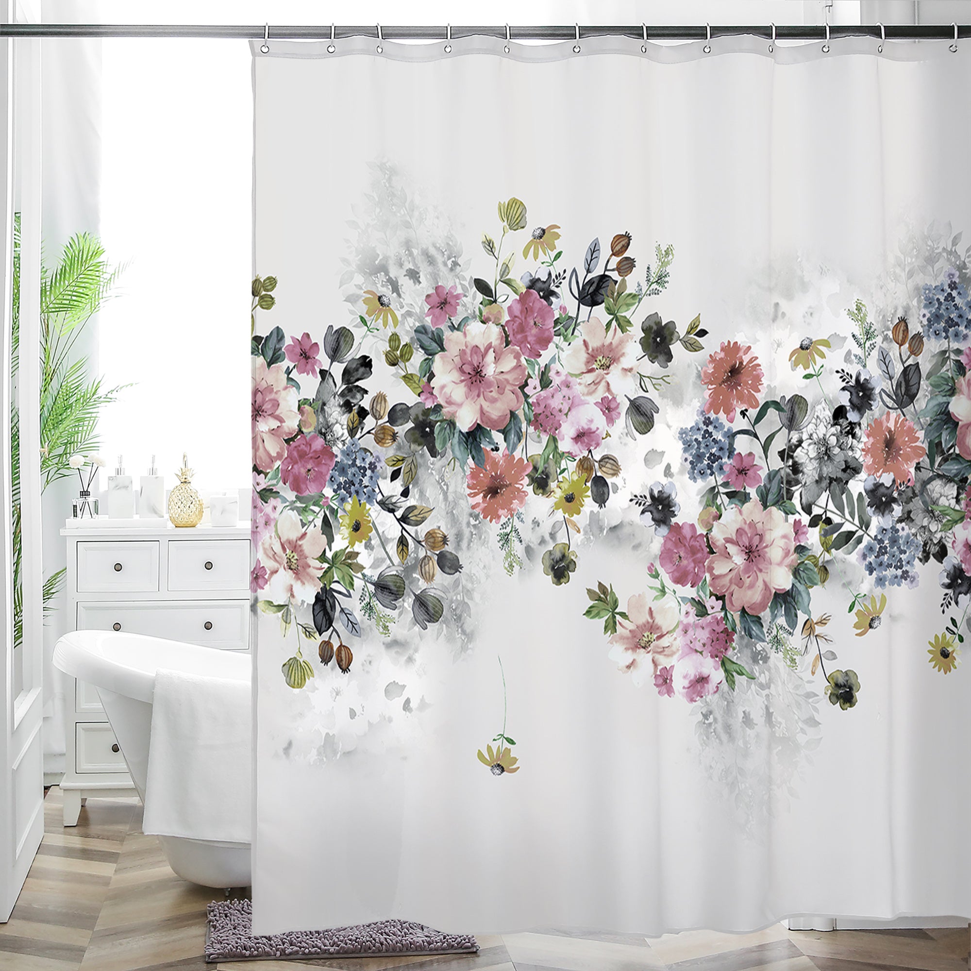 Heavy Duty Shower Curtain - Weighted to Prevent Billowing - Waterproof Vinyl Liner - Boho Floral 72"x72"