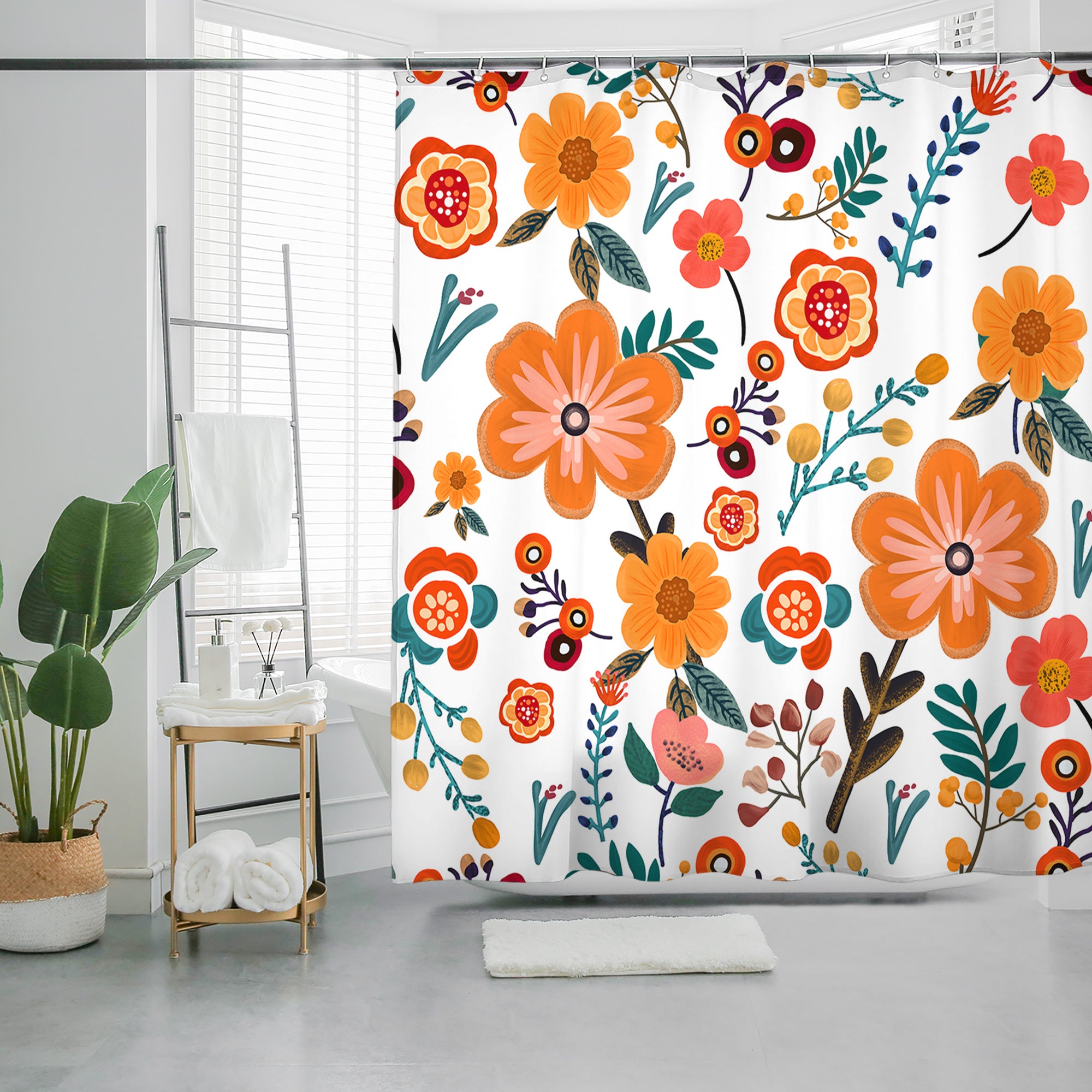 Orange and White Geometric Shower Curtain - Modern Farmhouse Waterproof - Machine Washable - 72"x72"