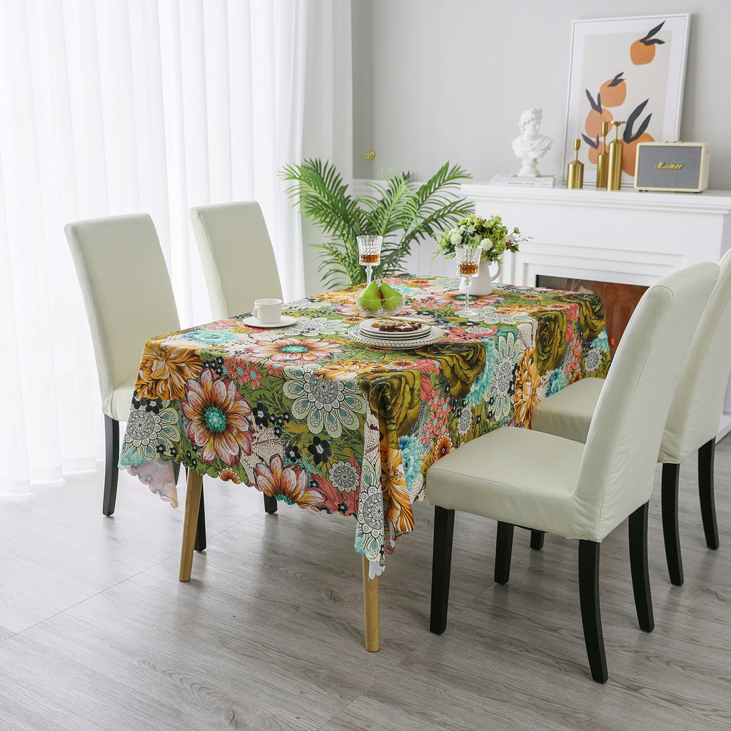 Original Design Hand Drawing Art Print Scalloped Edge Tablecloth, Washable Water Resistant Microfiber Decorative Table Cover