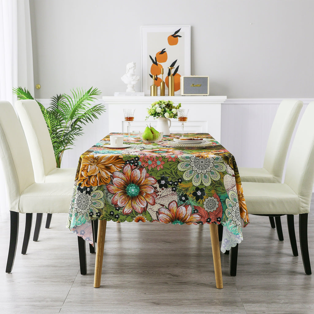 Original Design Hand Drawing Art Print Scalloped Edge Tablecloth, Washable Water Resistant Microfiber Decorative Table Cover