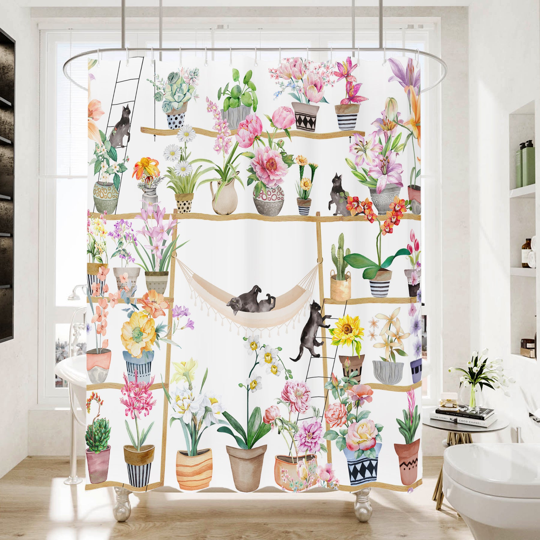 Black Cat Shower Curtain - Whimsical Boho Floral - Perfect Gift for Cat Lovers - 72"x72"