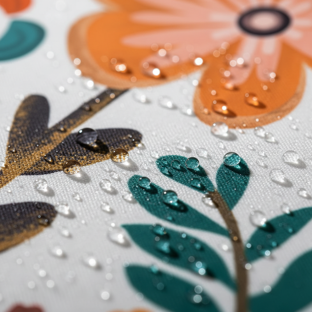 橙白幾何浴簾防水特寫