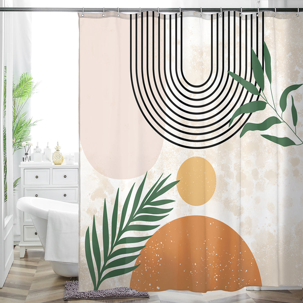 Abstract shower curtain with black arches, terracotta half circle and green leaves