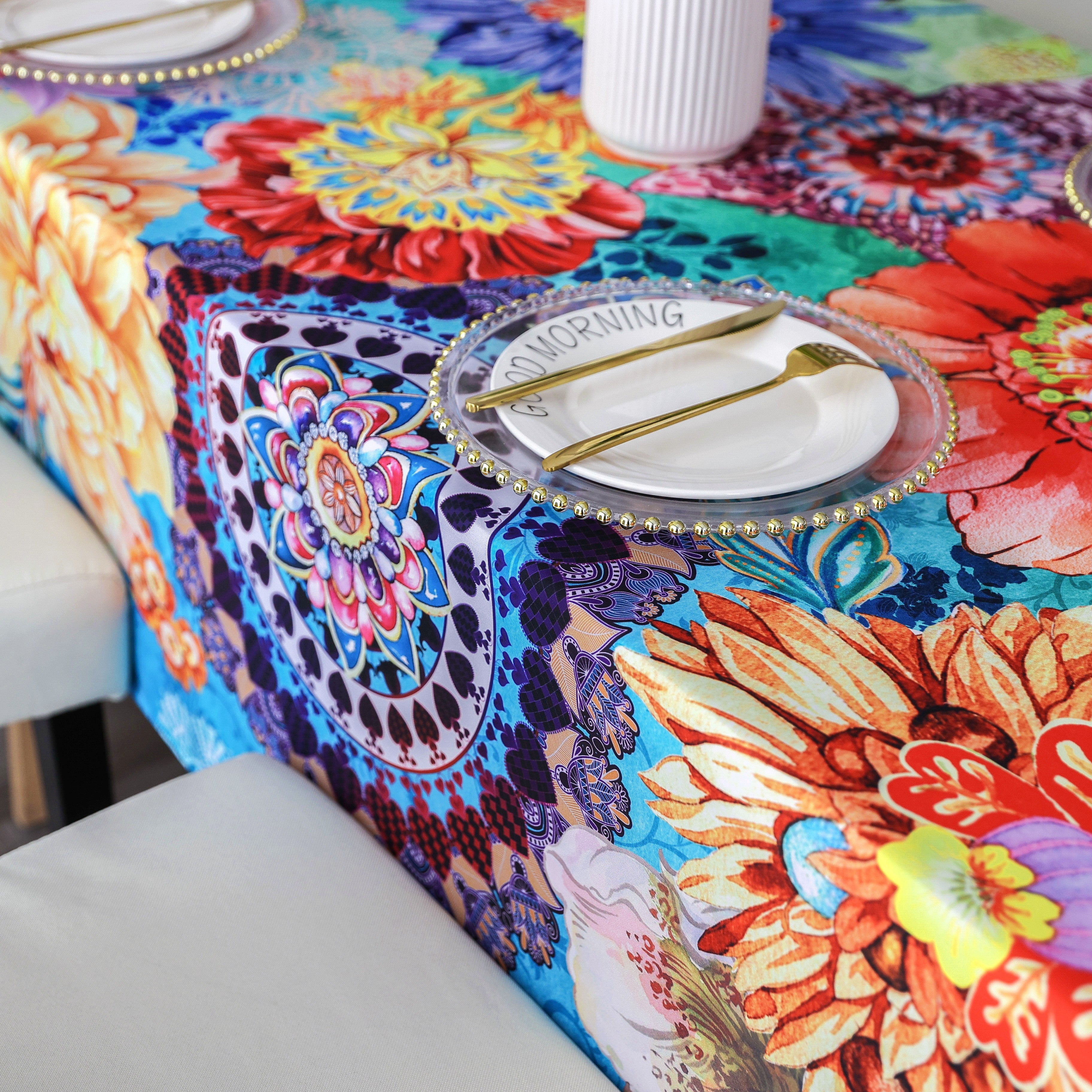 Original Design Hand Drawing Art Print Table Cloth, Washable Water Resistance Microfiber Decorative Rectangle Table Cover