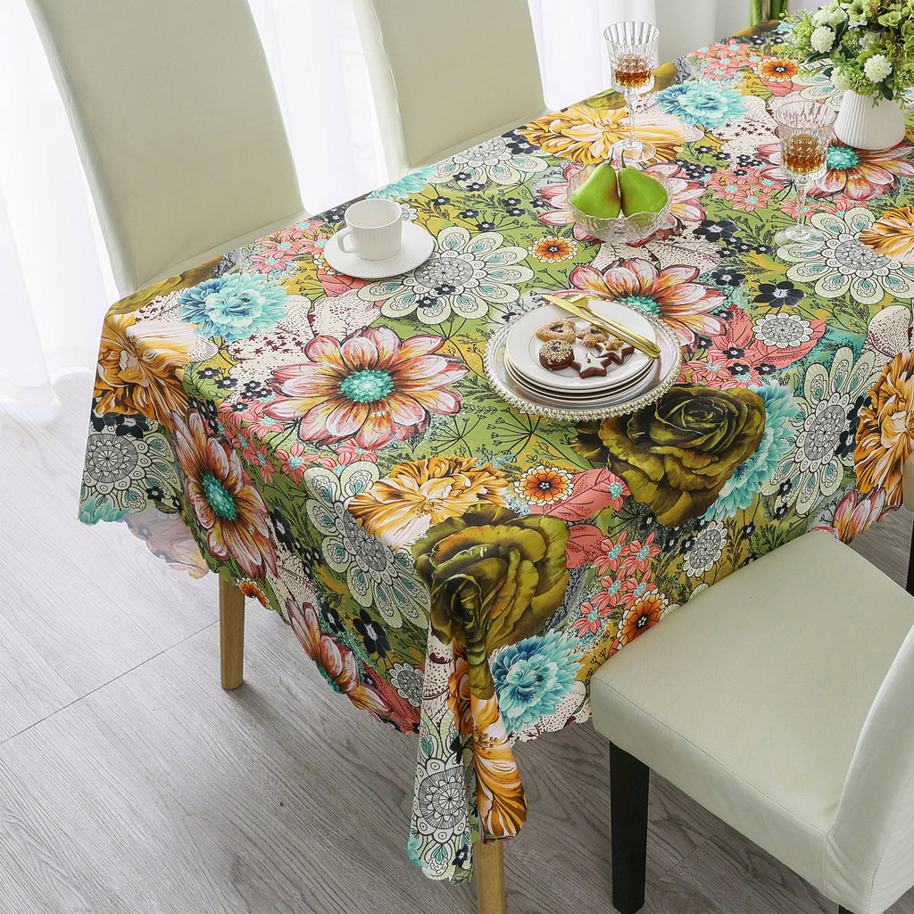 Original Design Hand Drawing Art Print Scalloped Edge Tablecloth, Washable Water Resistant Microfiber Decorative Table Cover