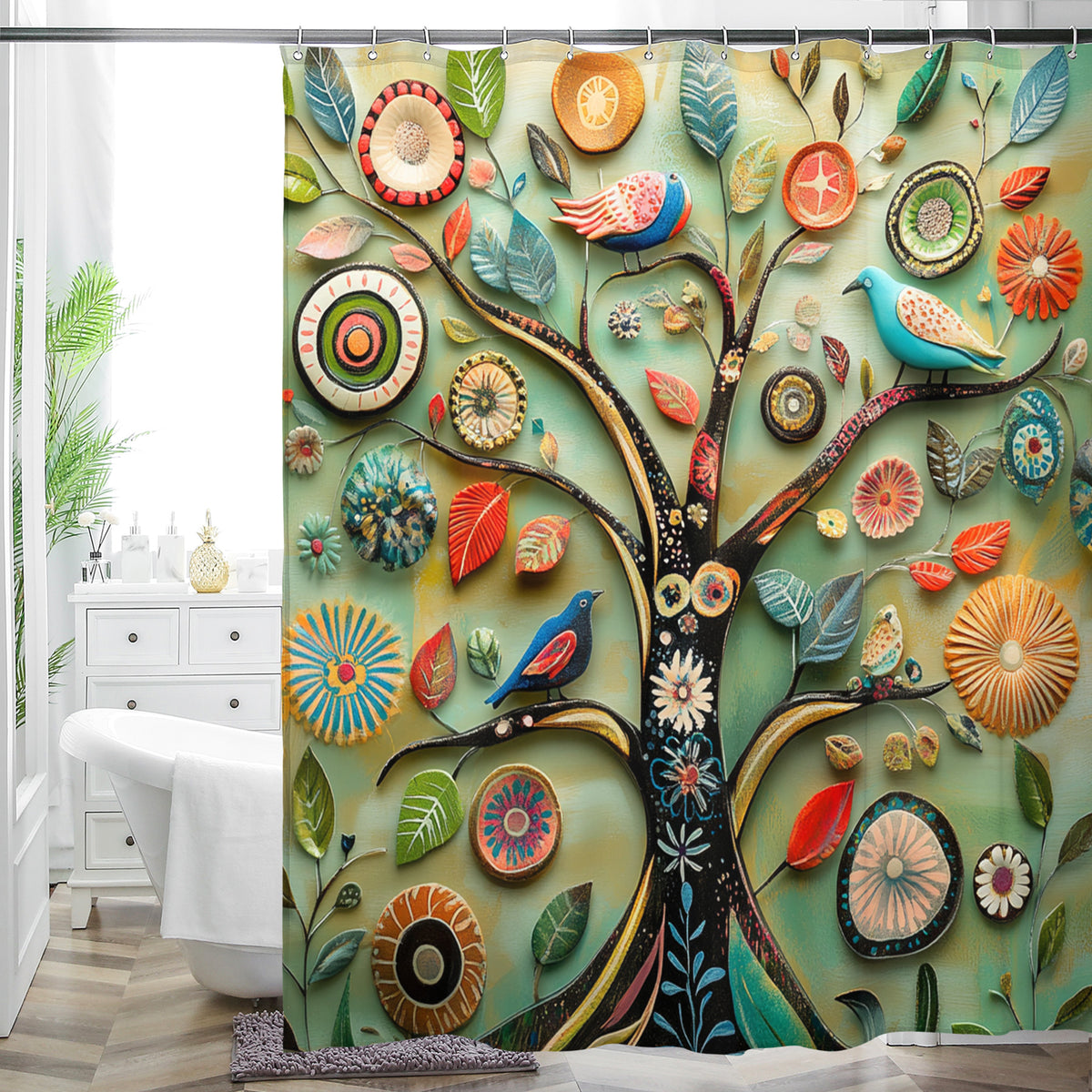 Warm Cozy Shower Curtain - Comforting Boho Floral - Hygge Inspired Waterproof - 72"x72"