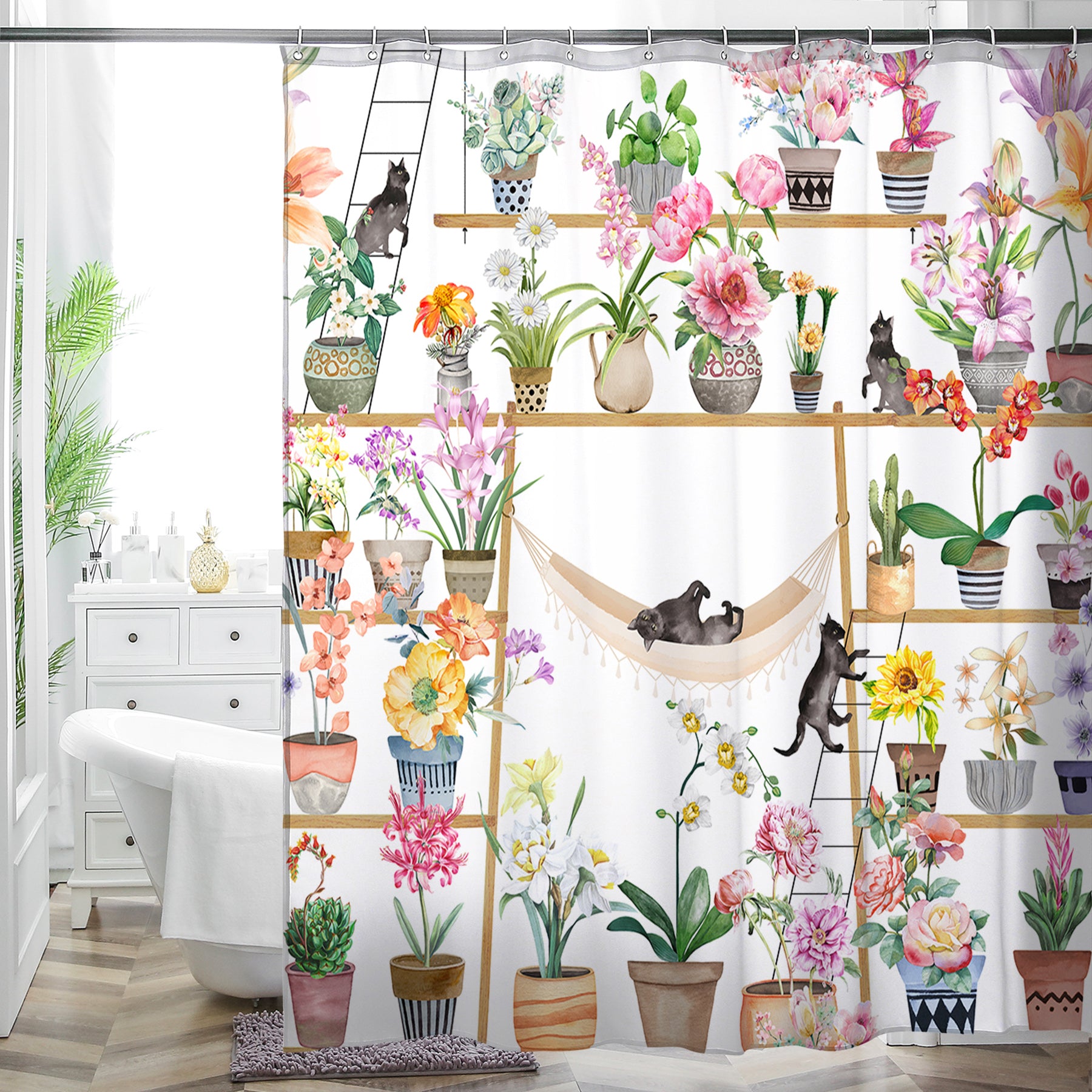 Black Cat Shower Curtain - Whimsical Boho Floral - Perfect Gift for Cat Lovers - 72"x72"