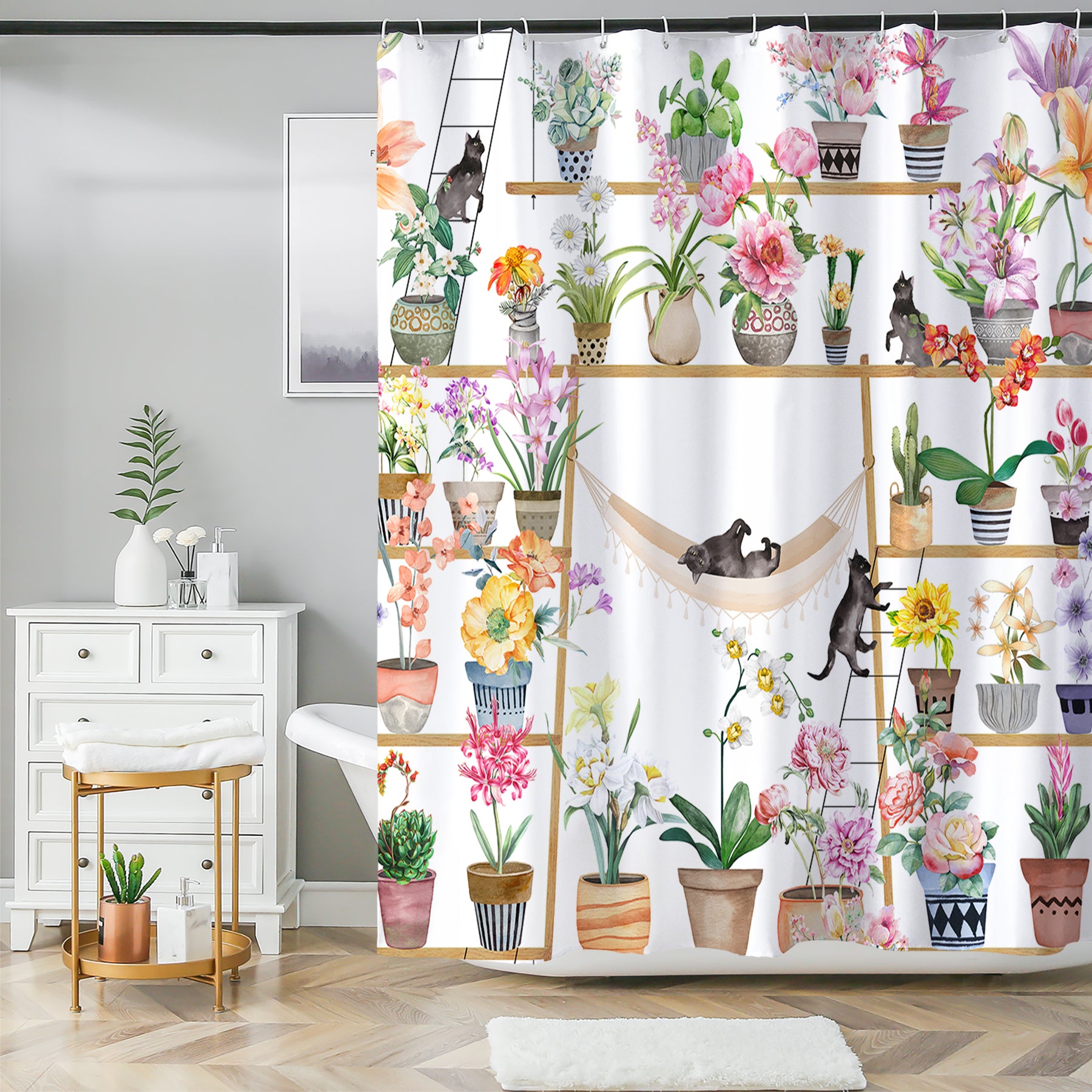 Black Cat Shower Curtain - Whimsical Boho Floral - Perfect Gift for Cat Lovers - 72"x72"