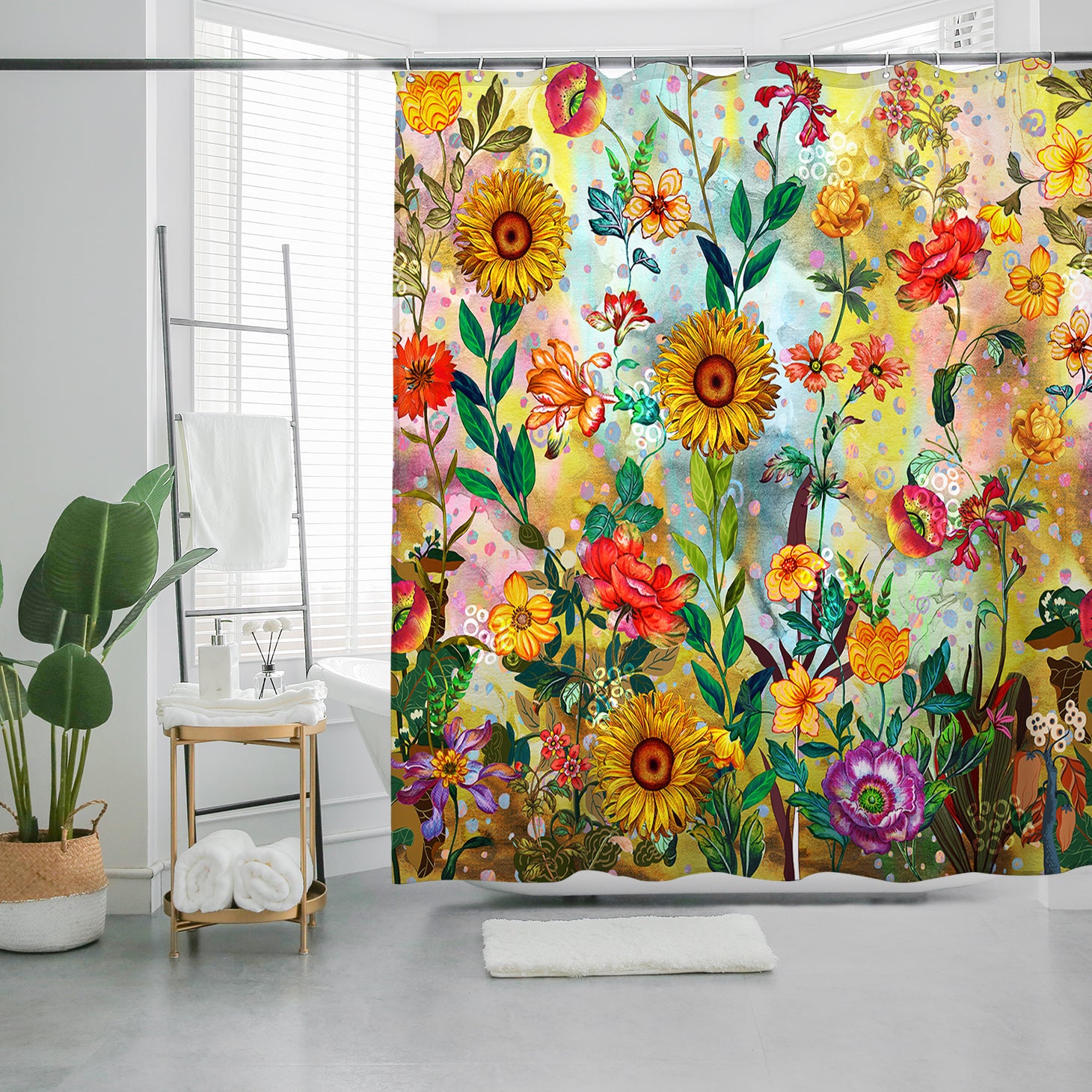 Thermal Insulated Shower Curtain - Waterproof Energy Saving - Weighted Boho Floral - 72"x72"