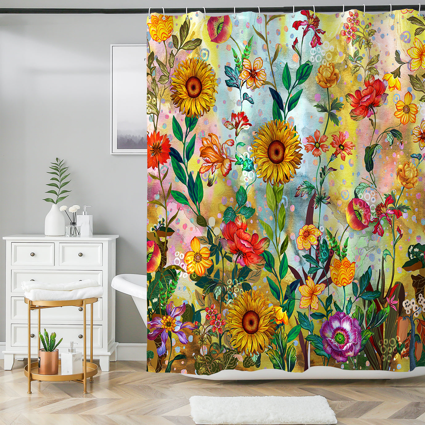 Thermal Insulated Shower Curtain - Waterproof Energy Saving - Weighted Boho Floral - 72"x72"