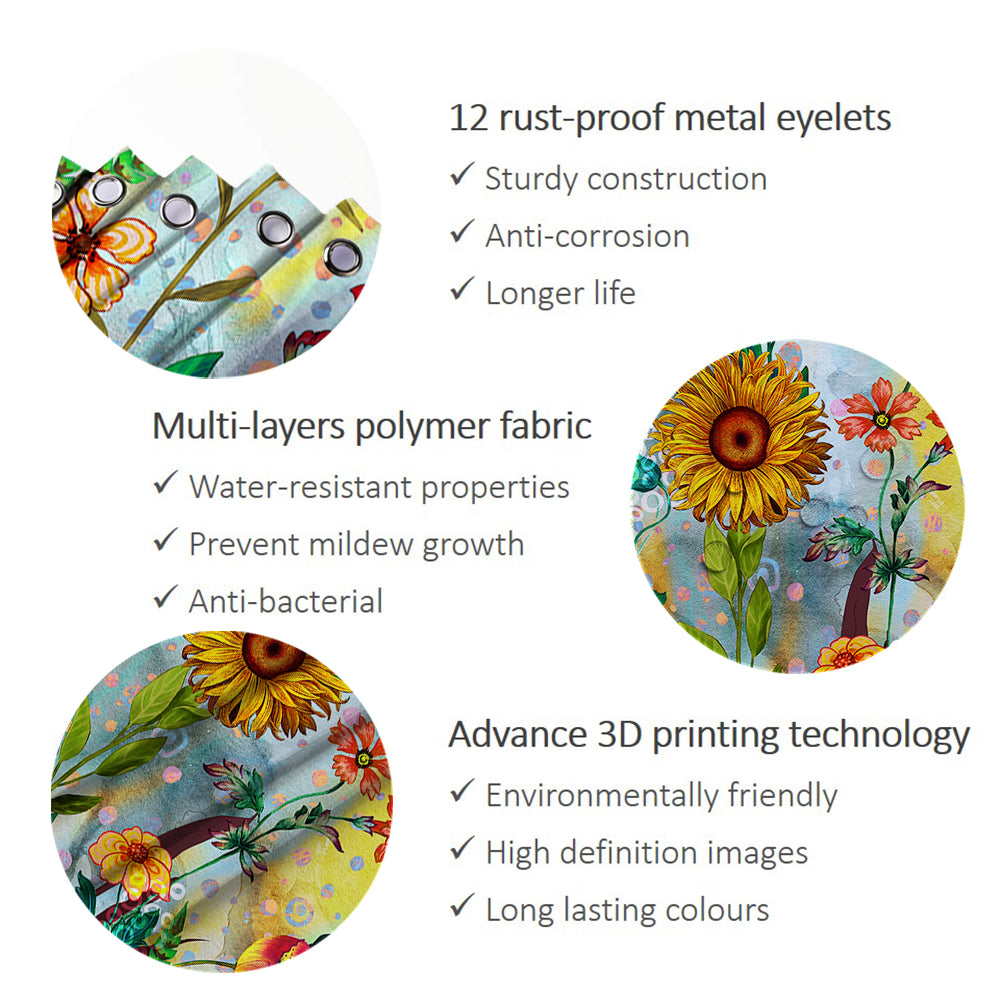 Thermal Insulated Shower Curtain - Waterproof Energy Saving - Weighted Boho Floral - 72"x72"