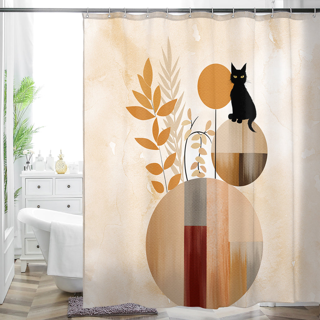 Cream shower curtain with a black cat, abstract leaves and muted circles