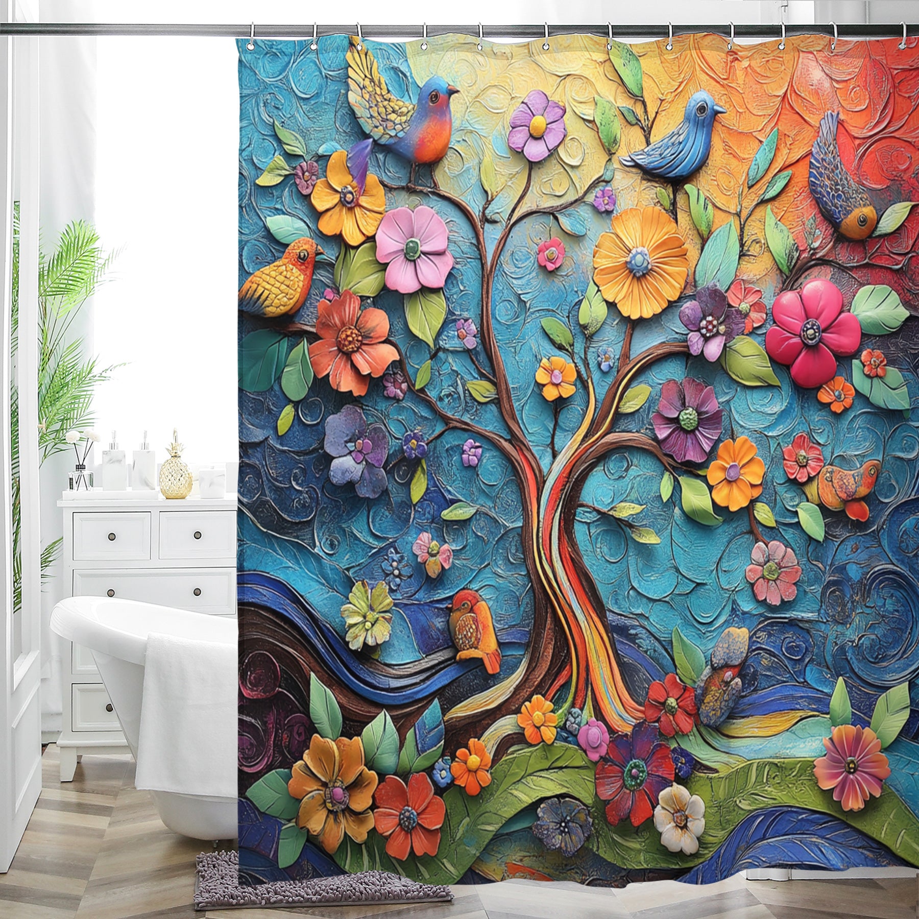 Classic Timeless Shower Curtain - Traditional Boho Floral - Waterproof Machine Washable - 72"x72"