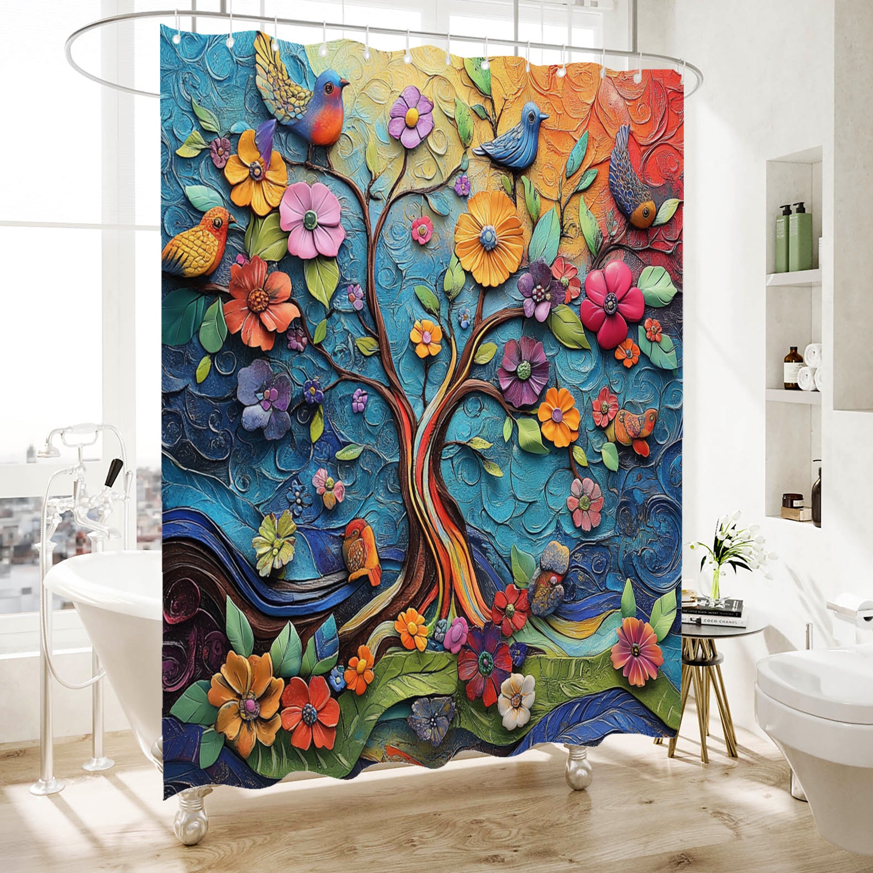 Classic Timeless Shower Curtain - Traditional Boho Floral - Waterproof Machine Washable - 72"x72"