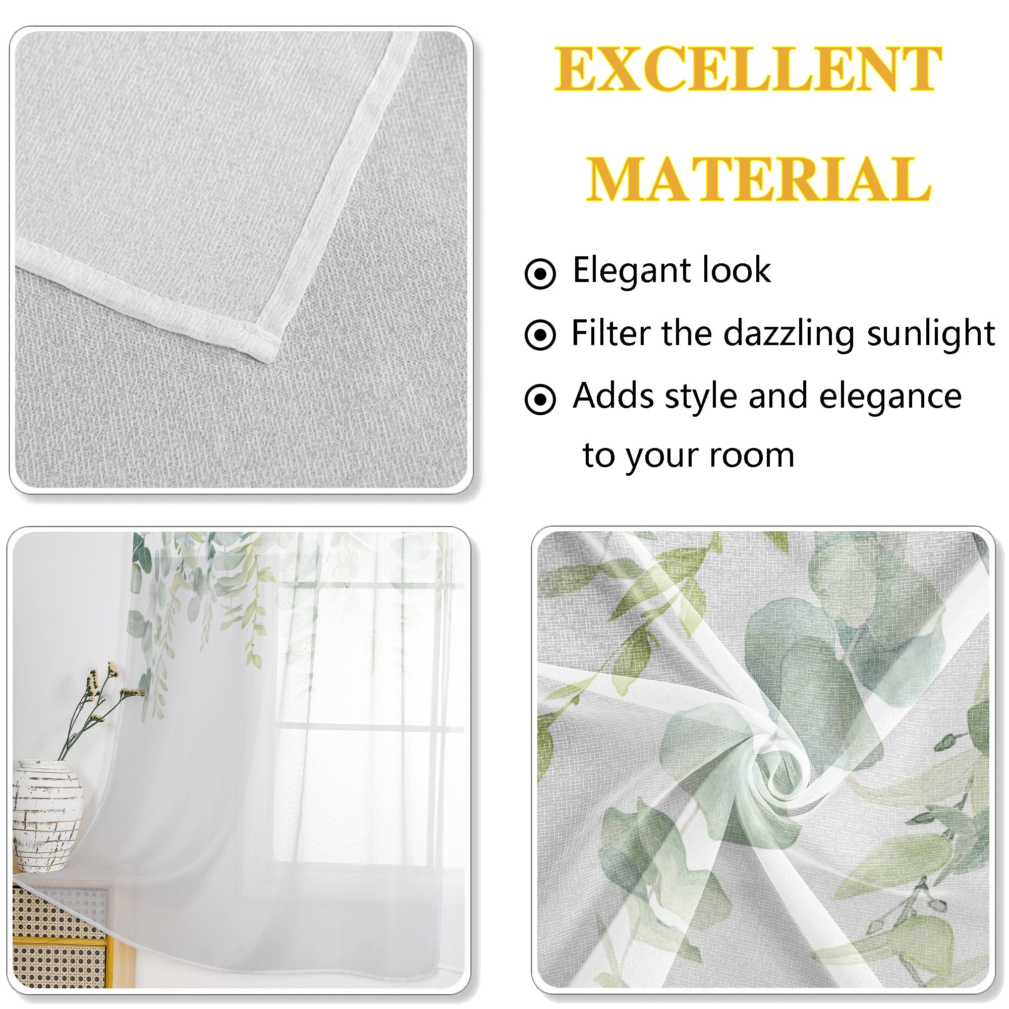 Rod Pocket Window Sheer Curtains (2 Panels) Linen Textured Semi Sheer Curtains Light Glare Filtering Window Decor Set for Kitchen/Bedroom/Living Room