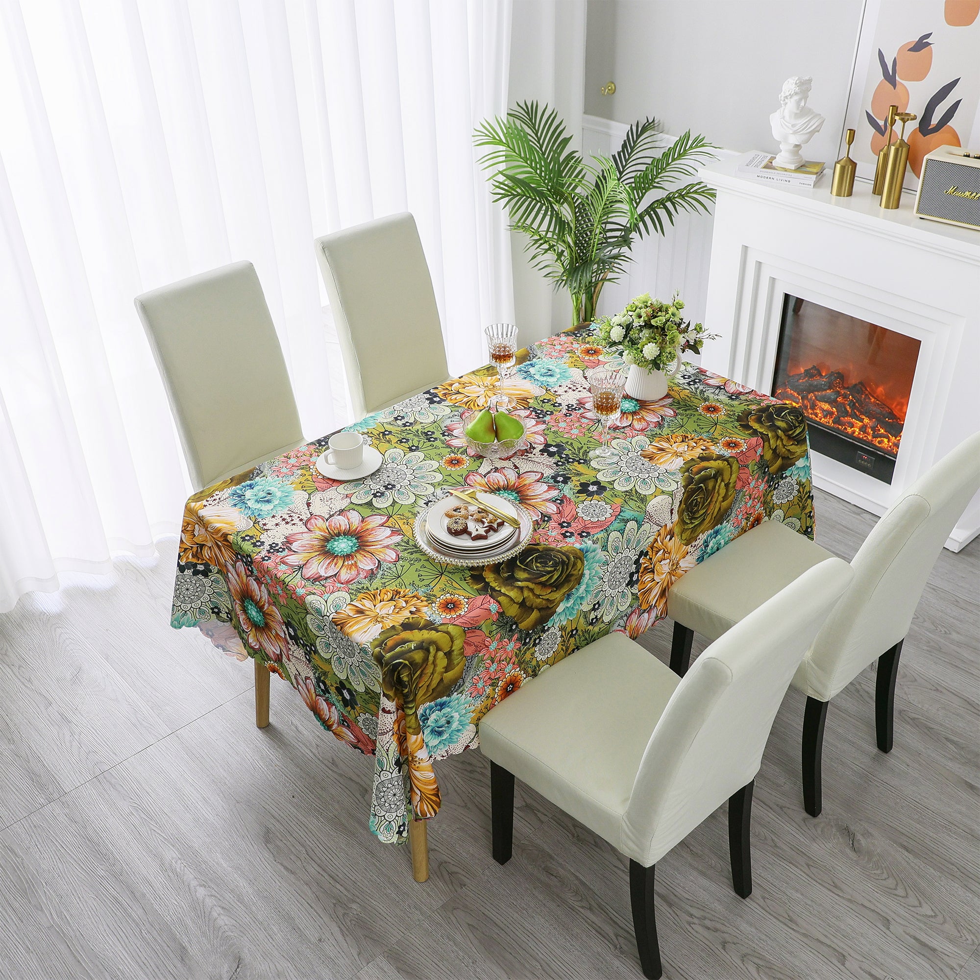 Original Design Hand Drawing Art Print Scalloped Edge Tablecloth, Washable Water Resistant Microfiber Decorative Table Cover