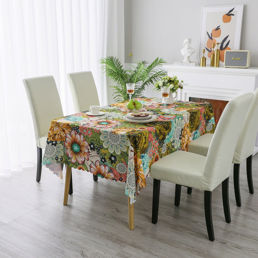 Original Design Hand Drawing Art Print Scalloped Edge Tablecloth, Washable Water Resistant Microfiber Decorative Table Cover