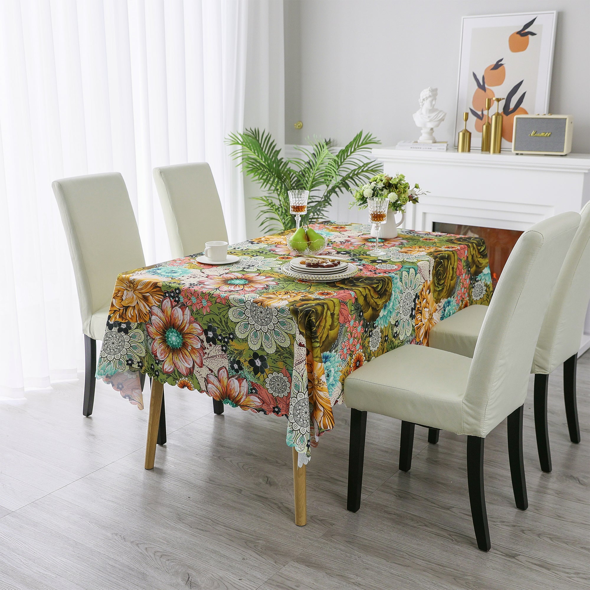 Original Design Hand Drawing Art Print Scalloped Edge Tablecloth, Washable Water Resistant Microfiber Decorative Table Cover