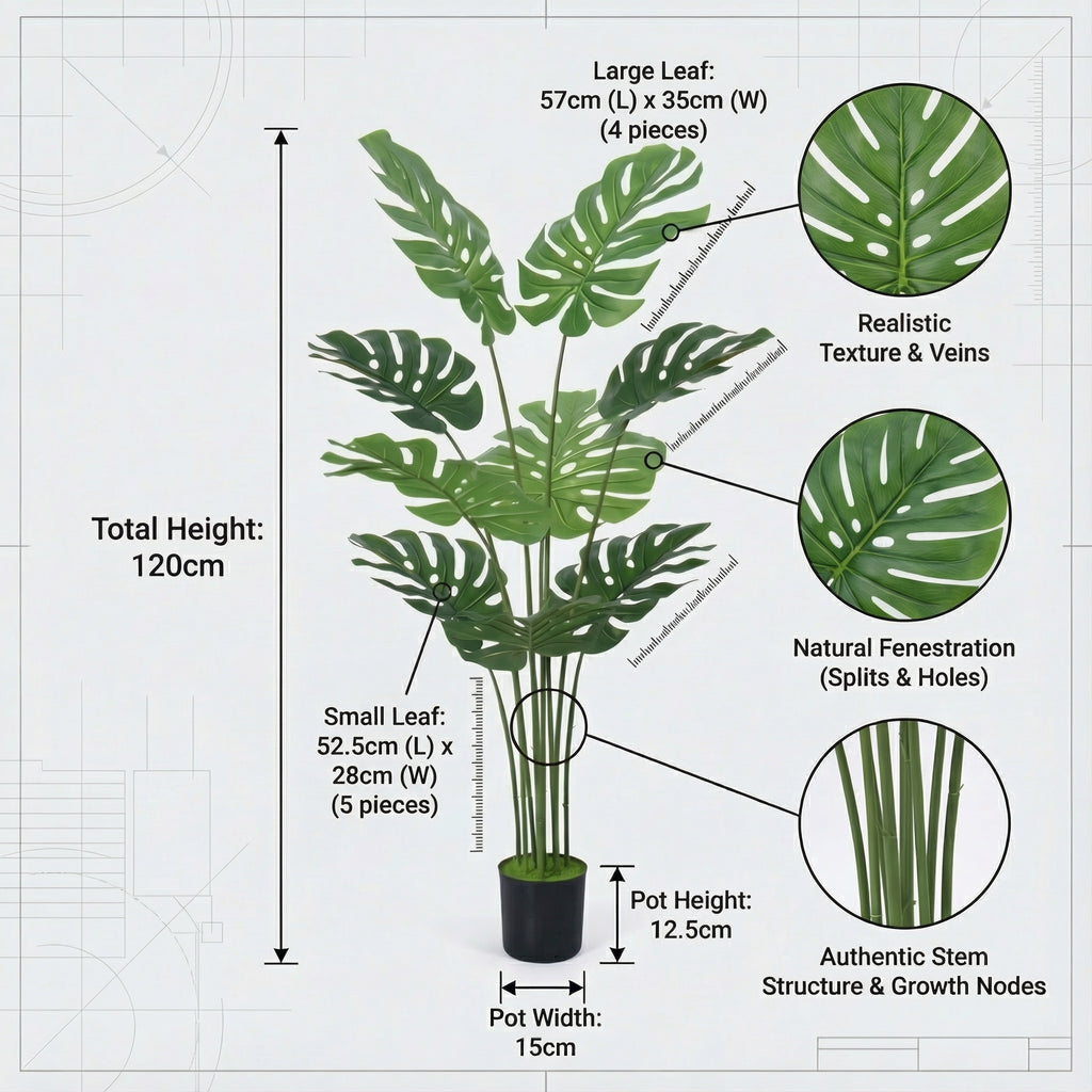 Realistic Artificial Monstera Plant - Large Fake Tropical Plant for Living Room, Office & Outdoor Decor (120cm)