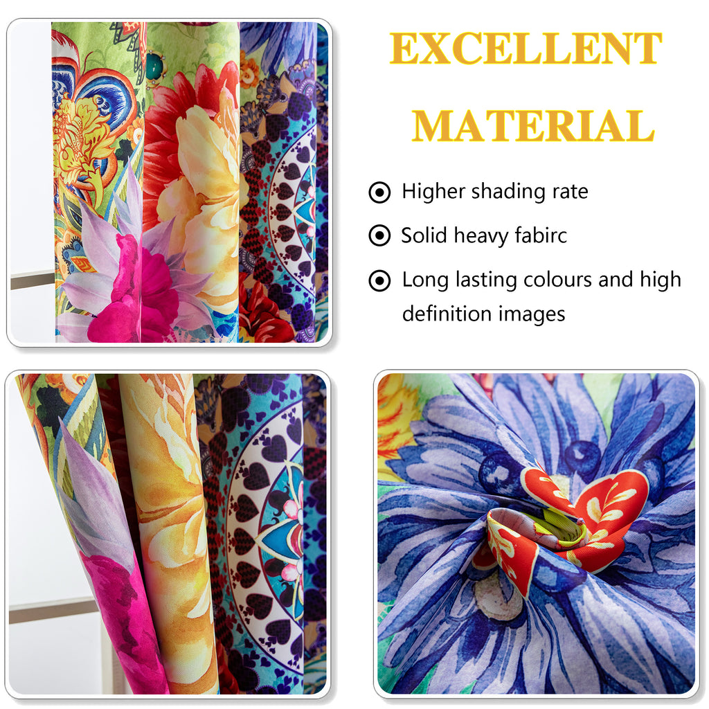 Blackout Window Curtains - 2 Panel Set - Thermal Insulated Boho Floral