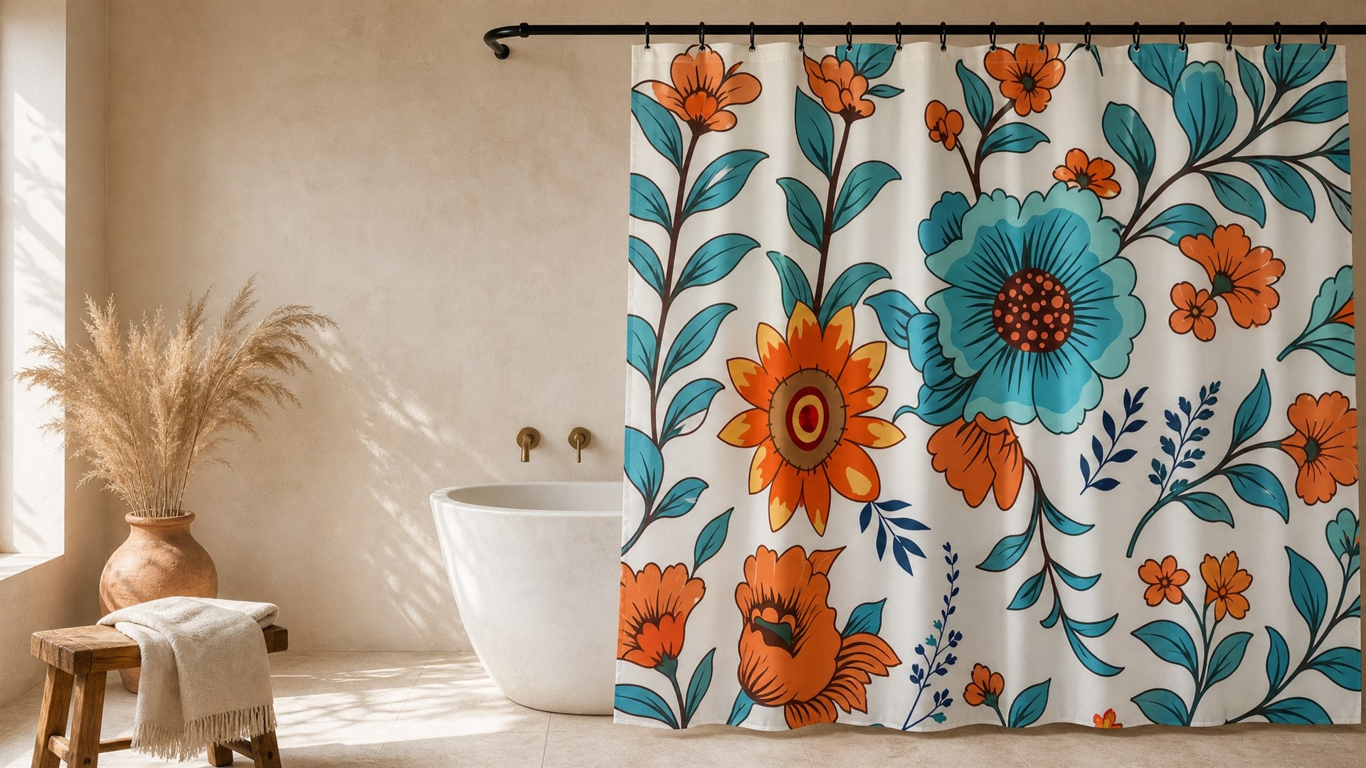 Boho floral shower curtain in a warm bathroom with a freestanding tub